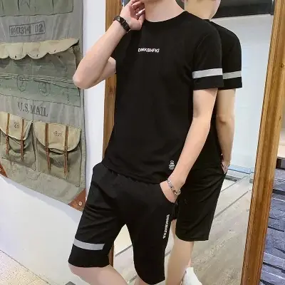 Men Black Wrinkle Sports Suit Shorts Set Quick Dry
