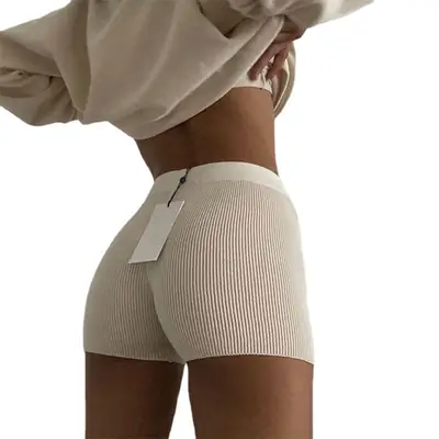 Women High Elastic Knit Shorts Summer Solid Beige
