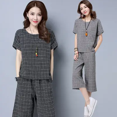Women Plaid Cropped Pants Set Large Size