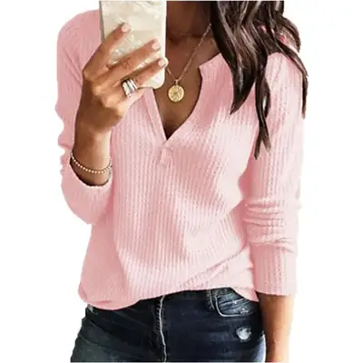 Women Long Sleeve V Neck Knitted T-Shirt White Blue Large