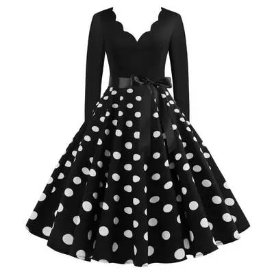 Black Polka Dot V-Neck Long Sleeve Swing Dress
