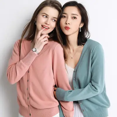 Women V-Neck Knitted Cardigan Sweater Pink