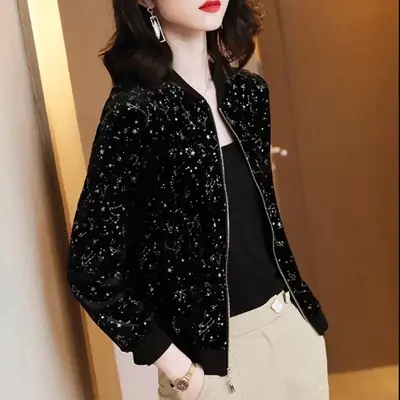 Black Printed Chiffon Jacket for Women Summer Wear