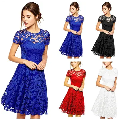Blue Lace Round Neck Short Sleeve Dress