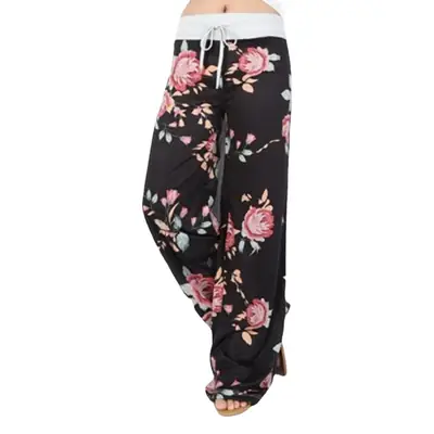 Printed Floral Wide Leg Pants Navy Blue Loose Fit