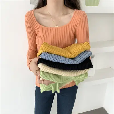 Women Knitted Square Collar Top Long Sleeve Orange