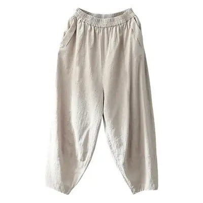 Women's White Linen High Waist Hallon Pants Large Spring Autumn