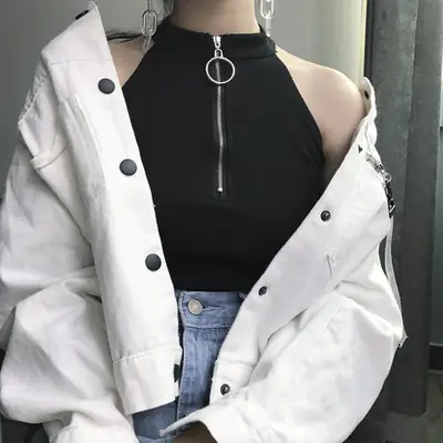 Women's Black Zipper Turtleneck Vest Top with High Waist Jeans