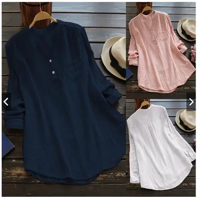 Women Cotton Linen Long Sleeve Shirt Navy Blue Large