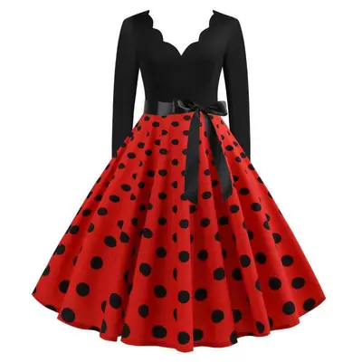 Red Polka Dot V-Neck Long Sleeve Dress