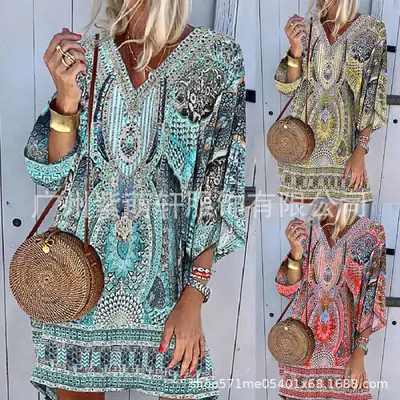 2022 Bohemian Printed V-Neck Long Sleeve Dress