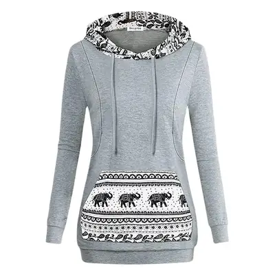 Women's Grey Hooded Sweatshirt with Elephant Print