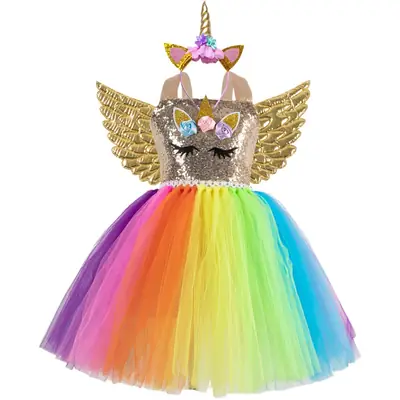 2025 Rainbow Sequins Princess Dress for Girls with Wings