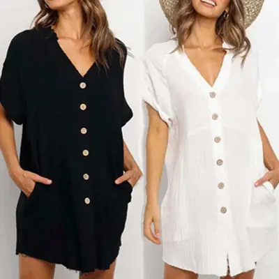 Women's White Button V Neck Cardigan Mid Length