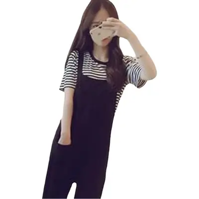 2026 Plus Size Women's Black Striped Overalls Set