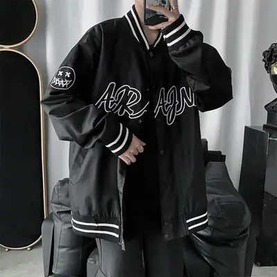 Men Black Graphic Bomber Jacket with White Trim