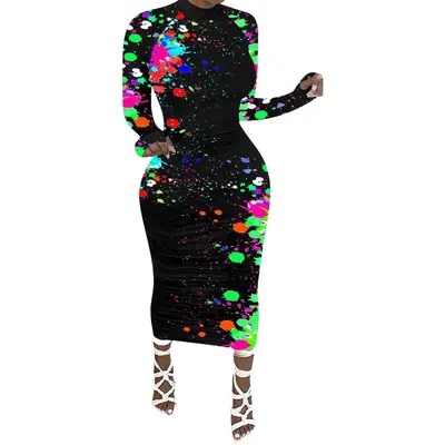 Black Long Sleeve Graffiti Printed Skirt Set 5-4XL