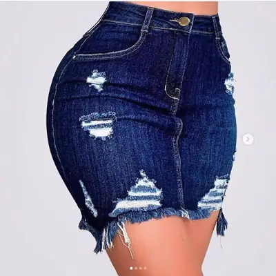 Women Denim Hip Covering Skirt Blue Frayed High Waist
