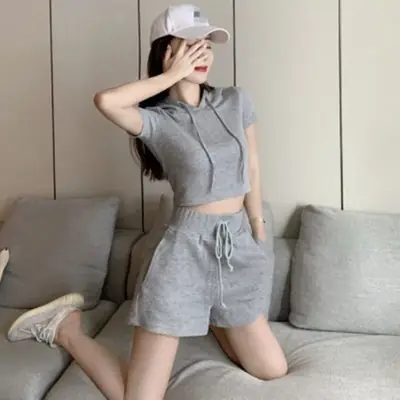 Women 2-Piece Hooded Shorts Set Gray Casual Summer