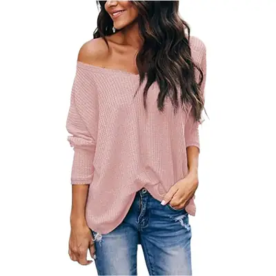 Women's Blue Waffle Knit Off-Shoulder Long Sleeve Top