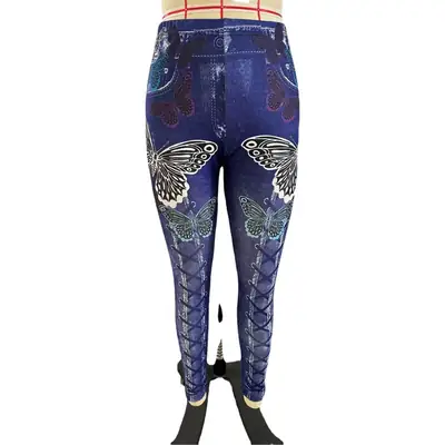 Women Butterfly Print Denim Leggings Green Large