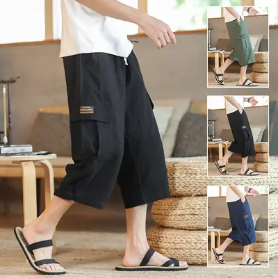 2025 Summer Men's Black Cropped Cotton Pants with Pocket