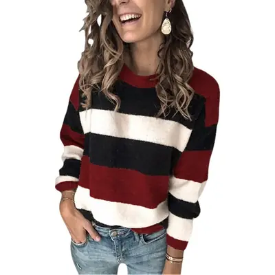 Women's Striped Knitted Pullover Sweater Round Neck