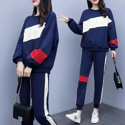 Women Korean Style Sports Suit Blue White Red Medium