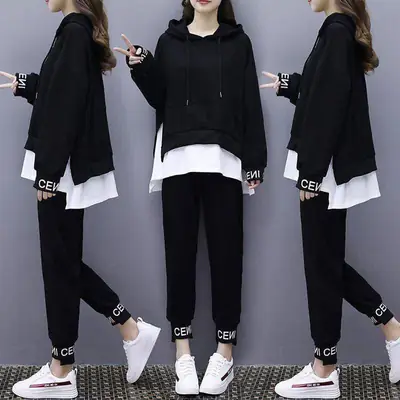 Women Black Hoodie Sweatpants Set Korean Style 2020