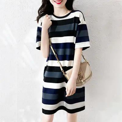 Women Striped T-Shirt Dress Navy White Mid-Length Loose Fit