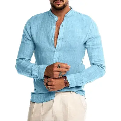 Men's V-Neck Linen Shirt Olive Green