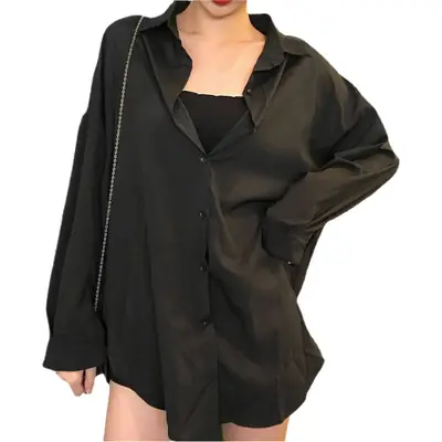 Black Mid-Length Button Down Shirt for Women