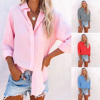 2020 Women's Pink Long Sleeve Lapel Shirt