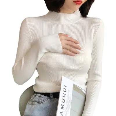 Women's White Ribbed Half Turtleneck Sweater Autumn Winter
