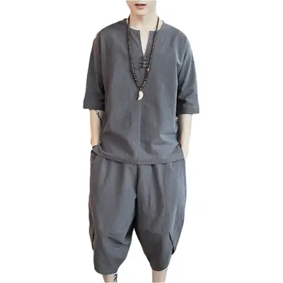 Men Chinese Style Loose T-Shirt Bloomers Cotton Linen 2Pc