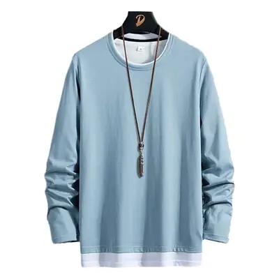 Men Long Sleeve TShirt Pure Cotton Light Blue Round Neck