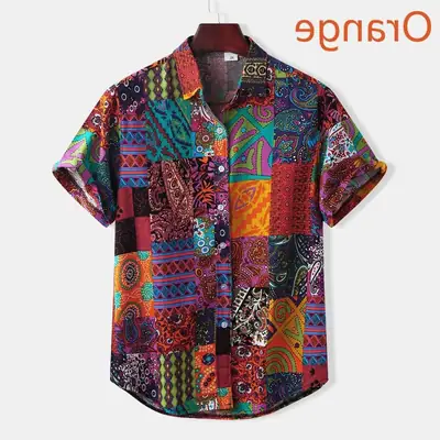 Men Printed Short Sleeve Shirt Orange Elephant Pattern