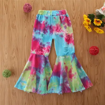 Girls Tie-dye Flared Jeans Leopard Print Ripped Pants