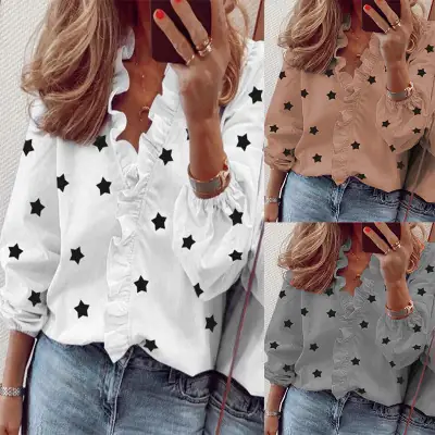 Blue Ruffled Star Long Sleeve V Neck Shirt for Women