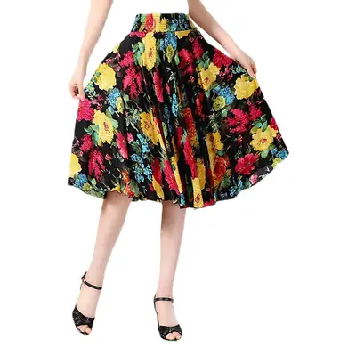 Black Floral Pleated Skirt for Women Summer Loose Large Size