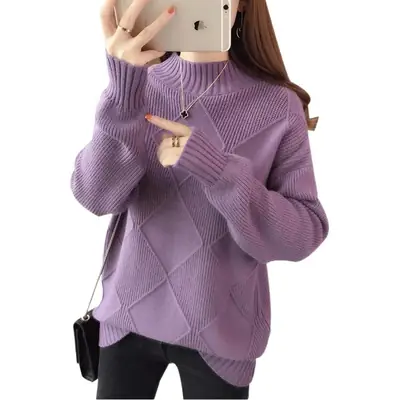 Women's Purple Knitted Half-Turtleneck Sweater Early Autumn 2025