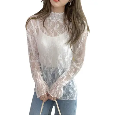 Women Lace Half Turtleneck Shirt with Polka Dot Design