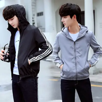 Men's Orange 3-Bar Trench Coat Spring Autumn Hooded Top