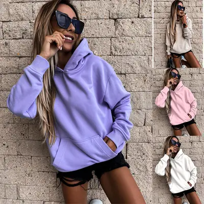Women Long Sleeve Solid Color Hooded Pullover Sweater