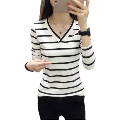 Cross-Border V-Neck Striped Long Sleeve T-Shirt for Women