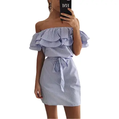 Green Strapless Lotus Sleeve Striped Women's Dress