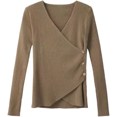 Women Cross V Neck Sweater White Long Sleeve
