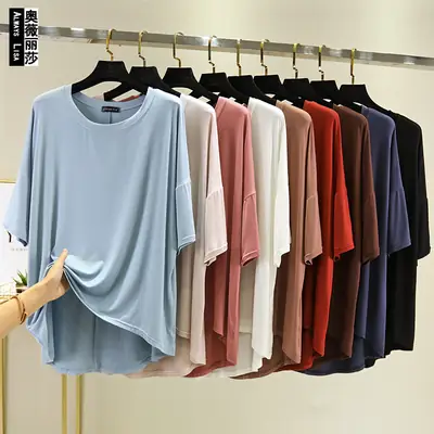 Women Loose T-Shirt Brown Mid Sleeve Summer
