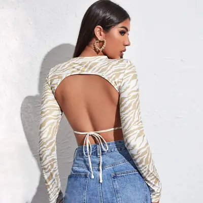 Backless Leopard Print Long Sleeve Top for Women