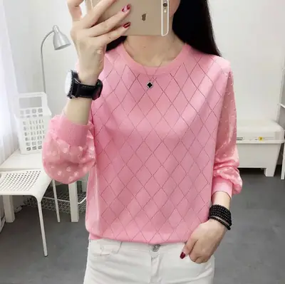 Women's White Lace Knit Pullover Sweater Long Sleeve